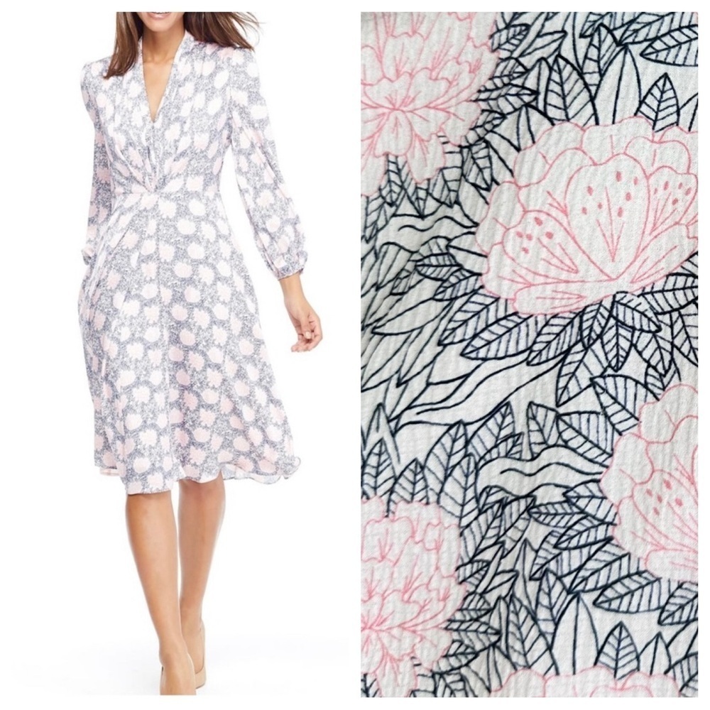 Gal Meets Glam Lizzie dress pleated v-neck midi pink flower 8 floral long sleeve